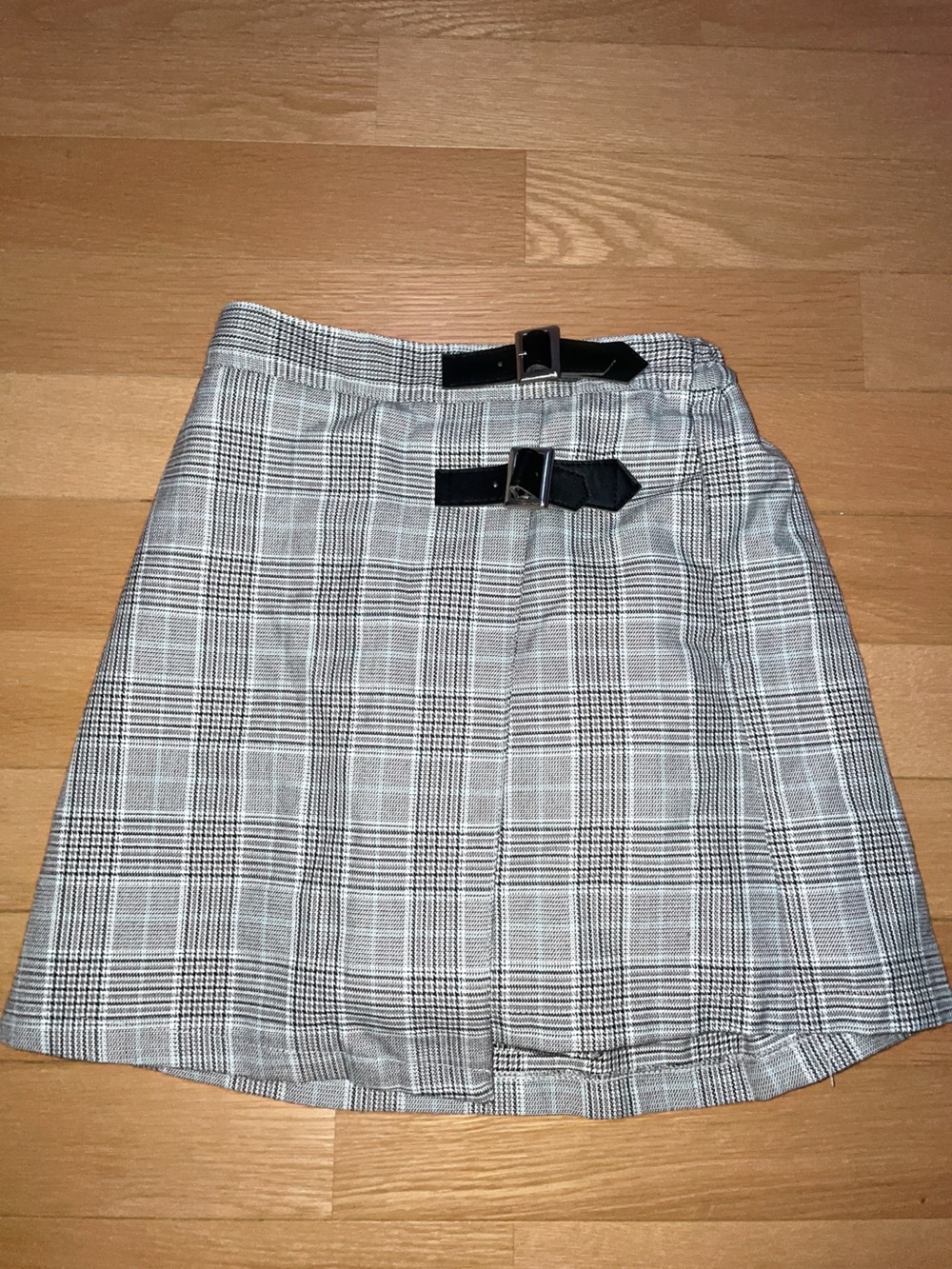 Plaid Wrap Mini Skirt with Buckle Detail - Gray